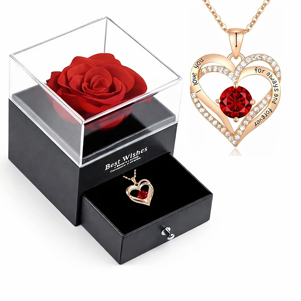 Rose Box Crystal Heart Necklace Set